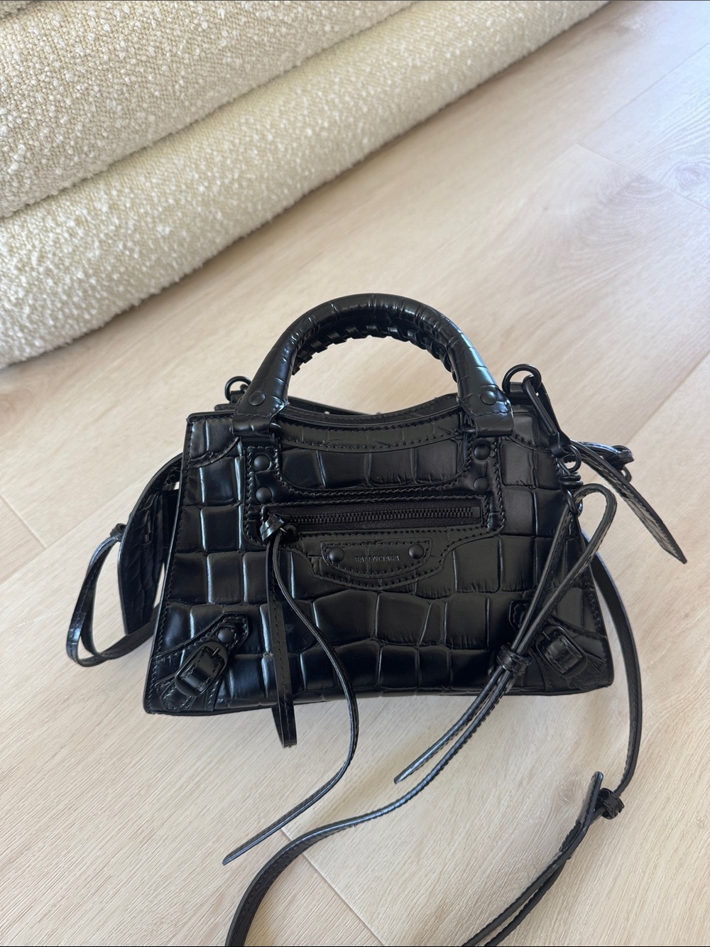 Balenciaga Black Croc-Embossed Mini City Bag